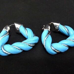 Bottega Veneta Leather SV 925 Twisted Triangle Earrings Light Blue Silver